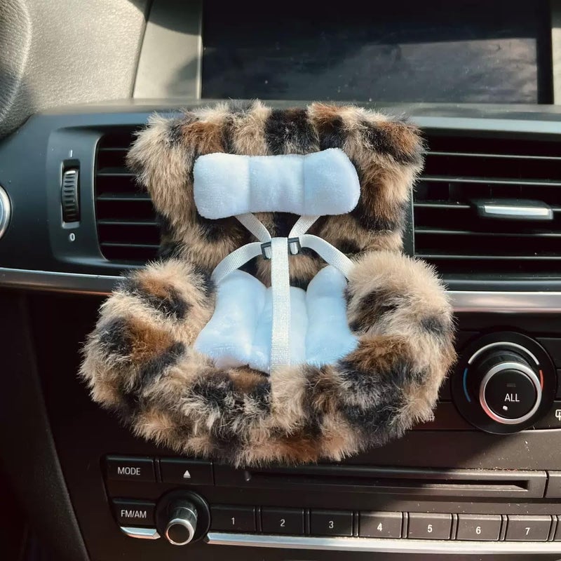 SwiftServ Doll Car Seat for 17cm Dolls with Air Vent Clip and Desktop Stand, Cute and Functional Car Ornament for Blind Box Doll Fans, Collectors, (Brown Leopard Print) - Image 1